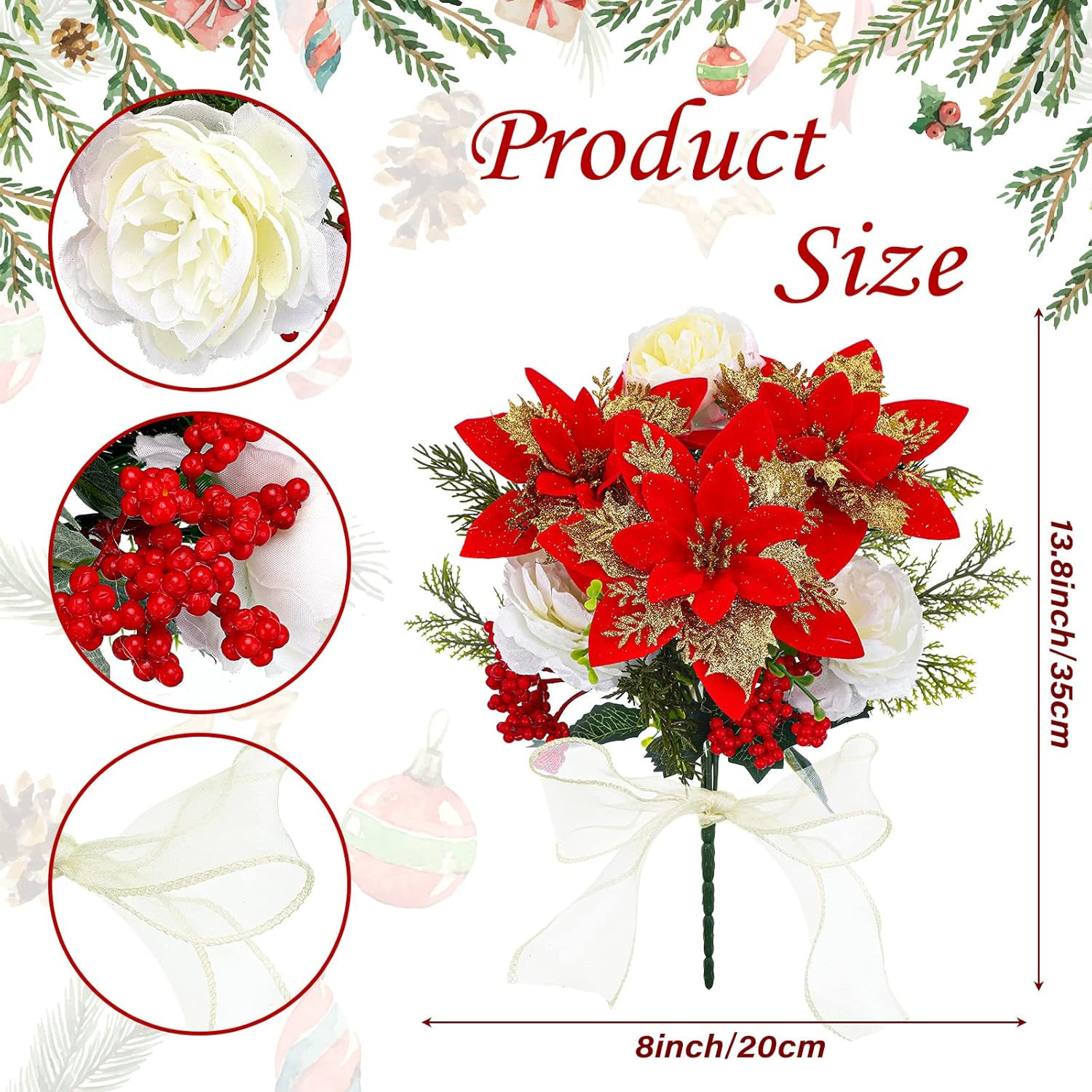 4 Pack 13.8 Inch Faux Velvet Poinsettia Carnation Berry Xmas Bush for Indoor Out