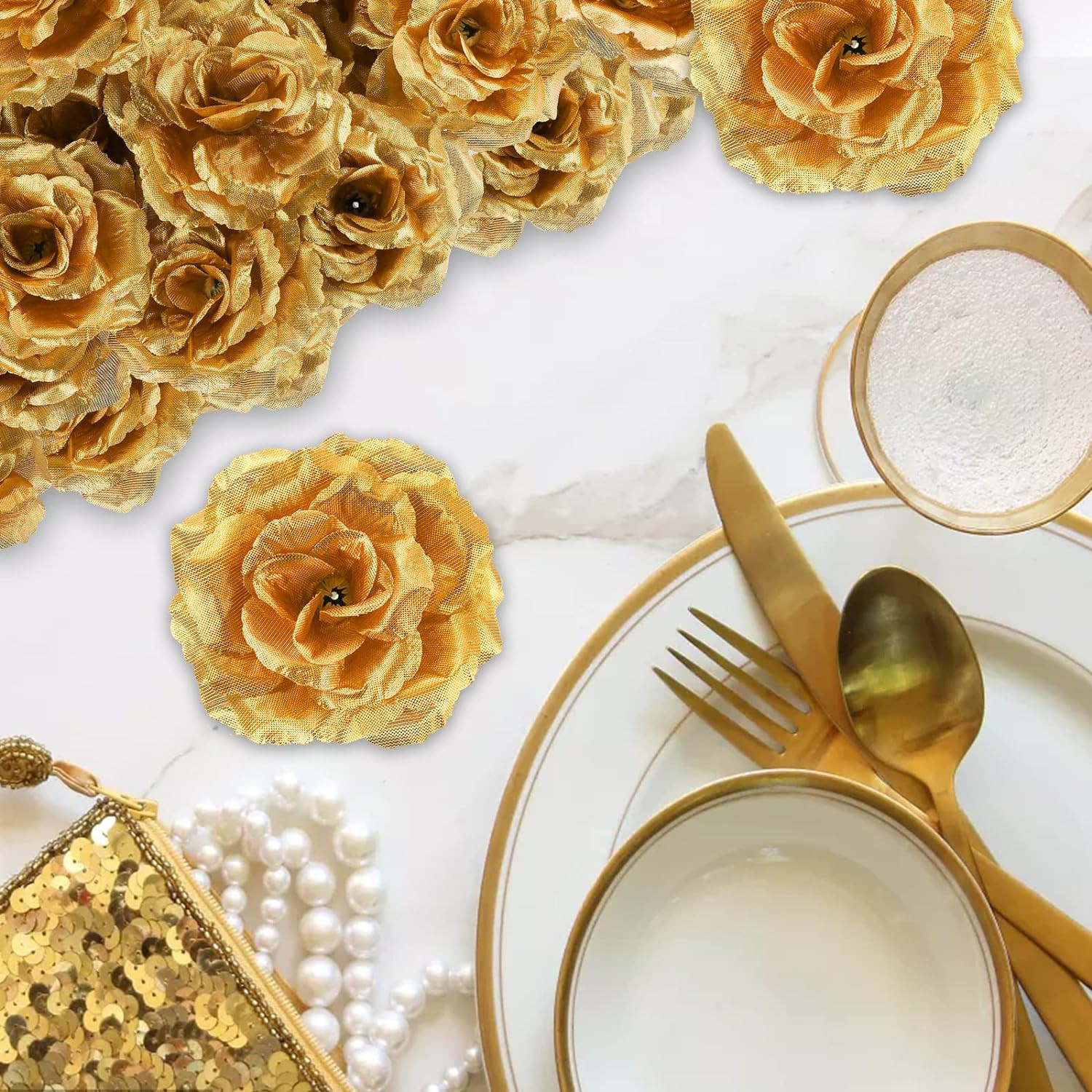 100 Pack Gold Roses Artificial Flowers Bulk, 3.5 Inch Silk Gold Faux Flowers
