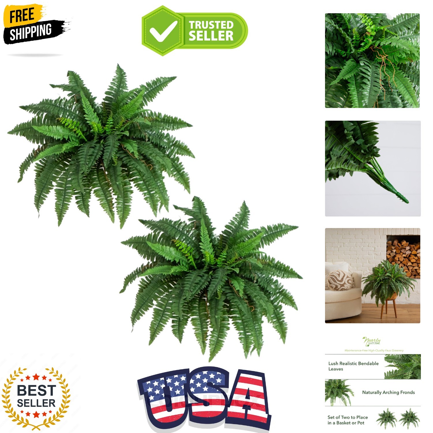 40in Boston Fern Artificial Plant, Large Hanging Fake Plant with 56 Long Real…