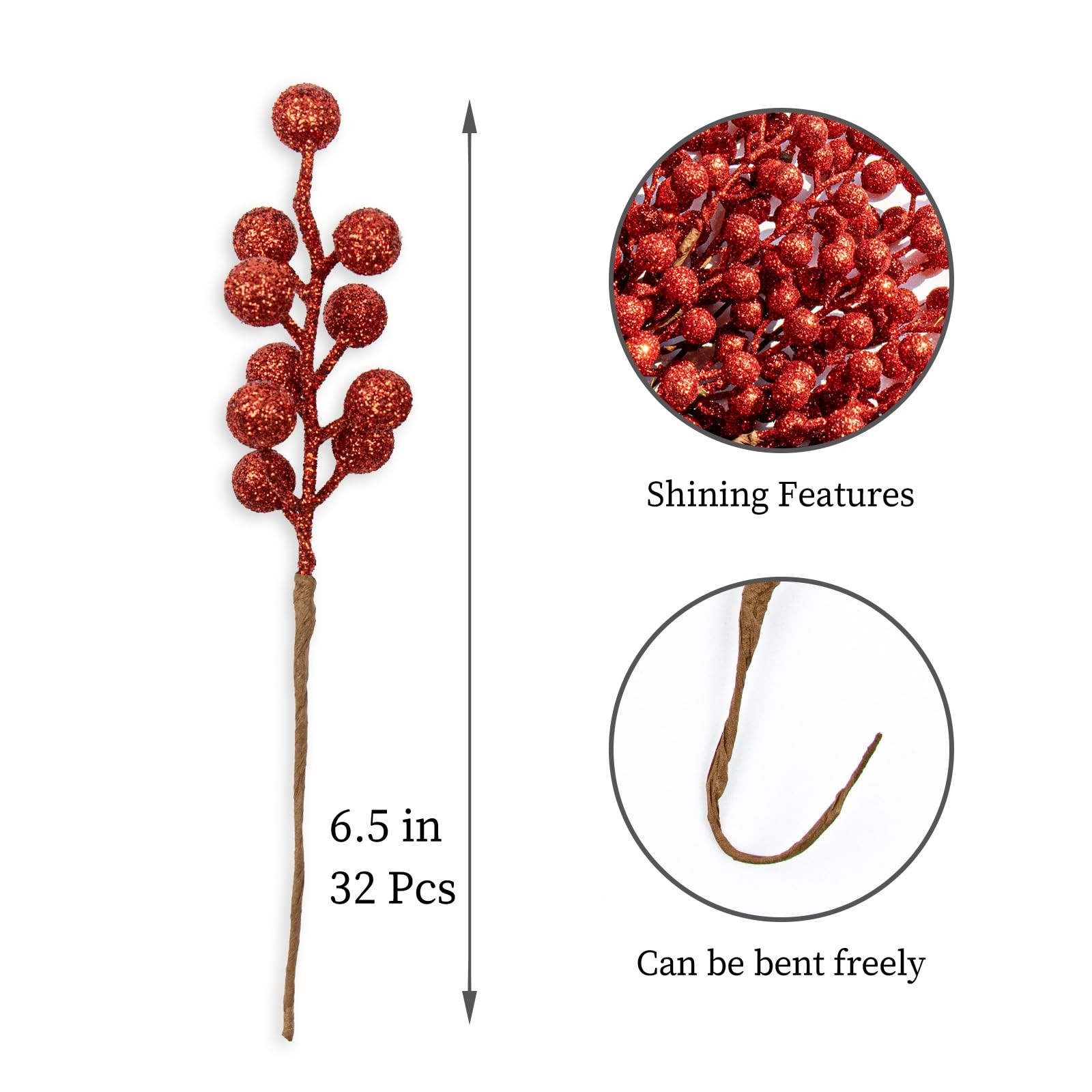 32 Pack Glitter Christmas Picks 6.5 Inch Christmas Berry Stems Red Artificial…