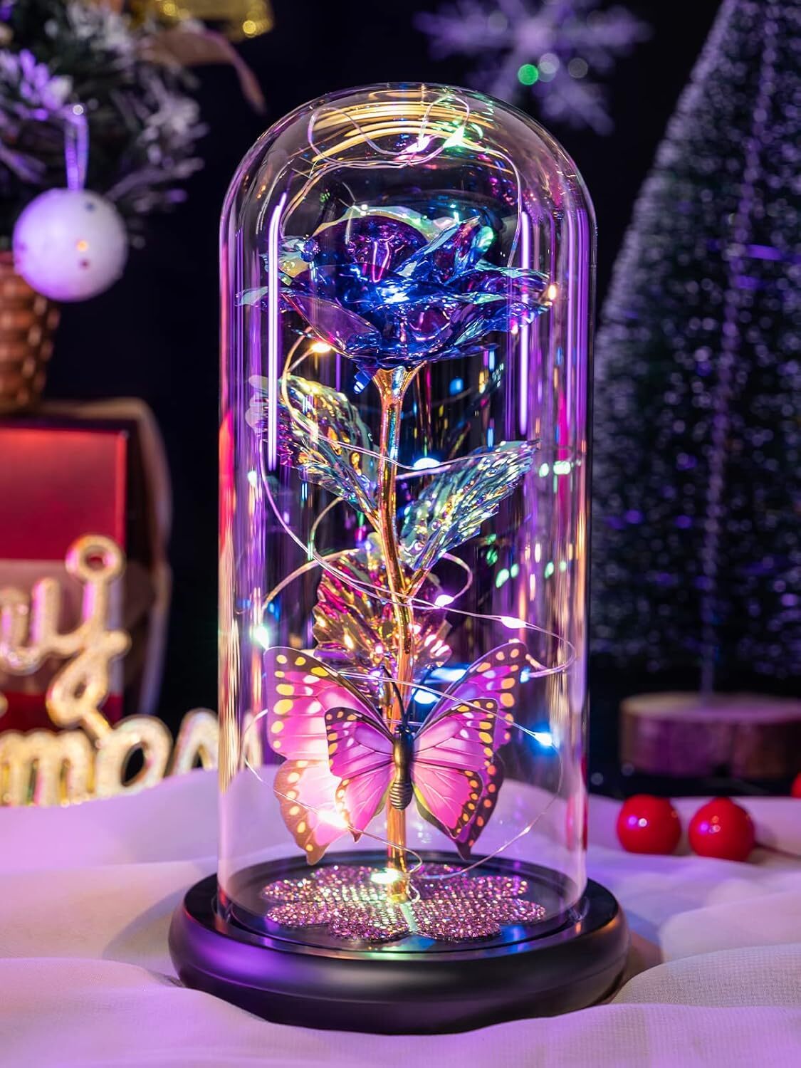 Purple Glass Rose With Led Light And Butterfly Gift For Women Anytime