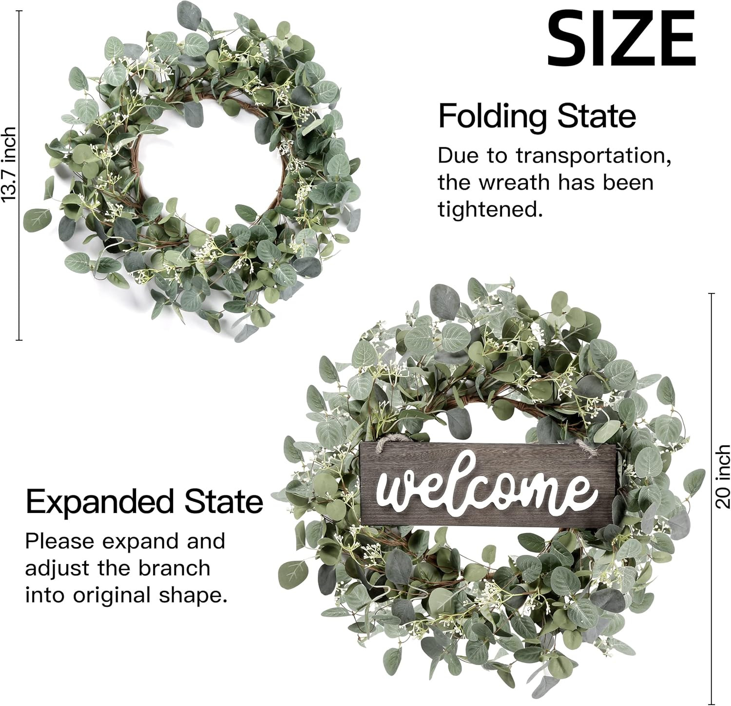 Green Eucalyptus Leaf Wreath with Welcome Sign 20In Artificial Eucalyptus Wreath