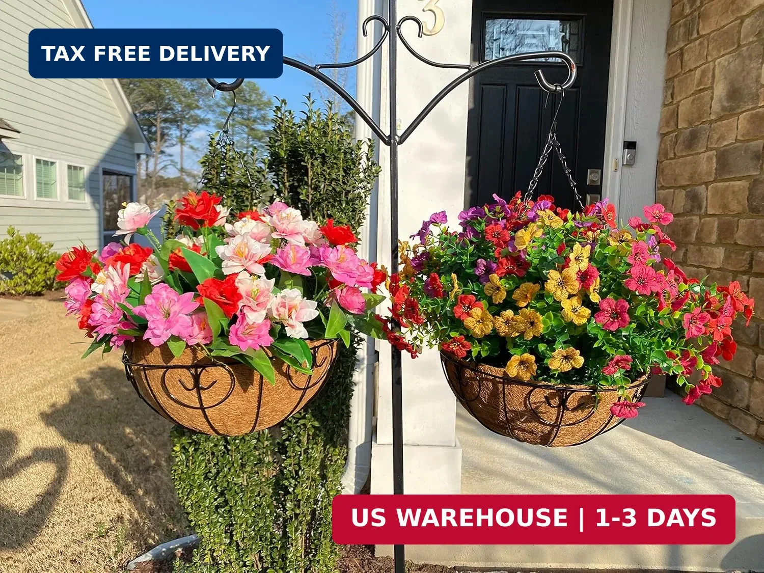 HyeFlora Artificial Faux Hanging Plants Flowers Basket for Summer Outdoor Outsid