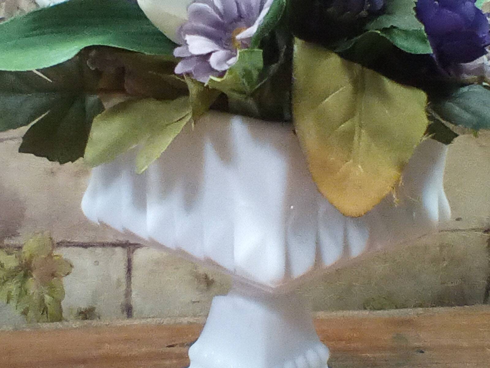 Blue Flower Arrangement in Vintage Milk Glass Pedestal Bowl 12″ Tall by 10″ Wide
