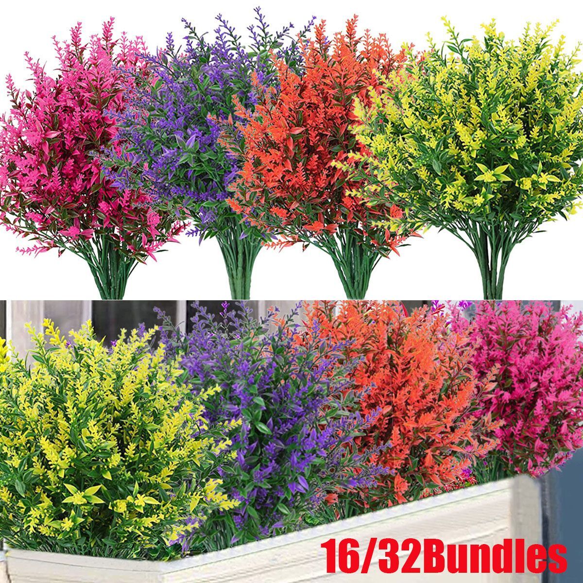 16/32 Bundles Outdoor Artificial Fake Lavender Flowers UV Resistant Shrubs Plant