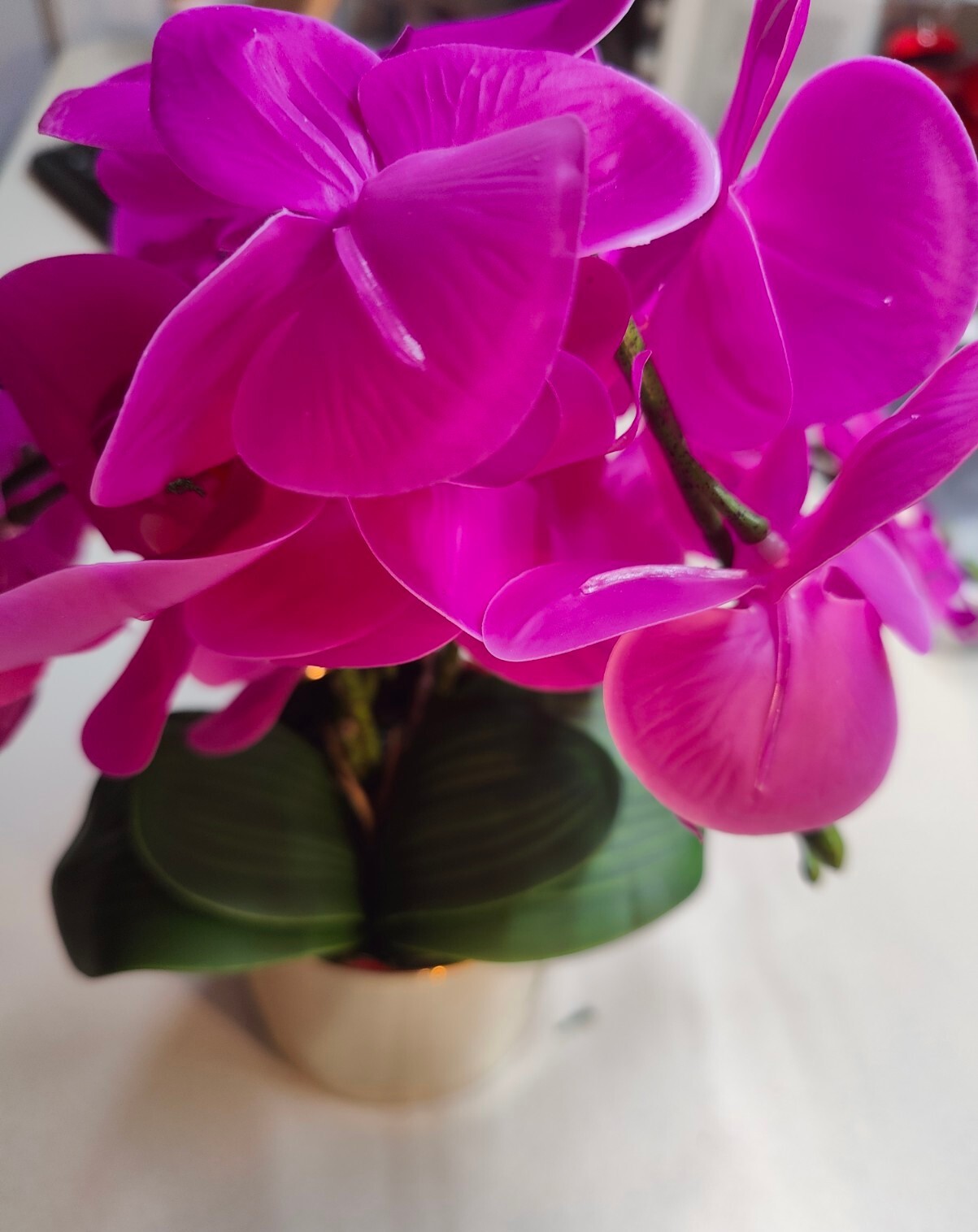 Artificial Orchid Flower with Vase Purple flower and Gold round Vase, 14″ Tall
