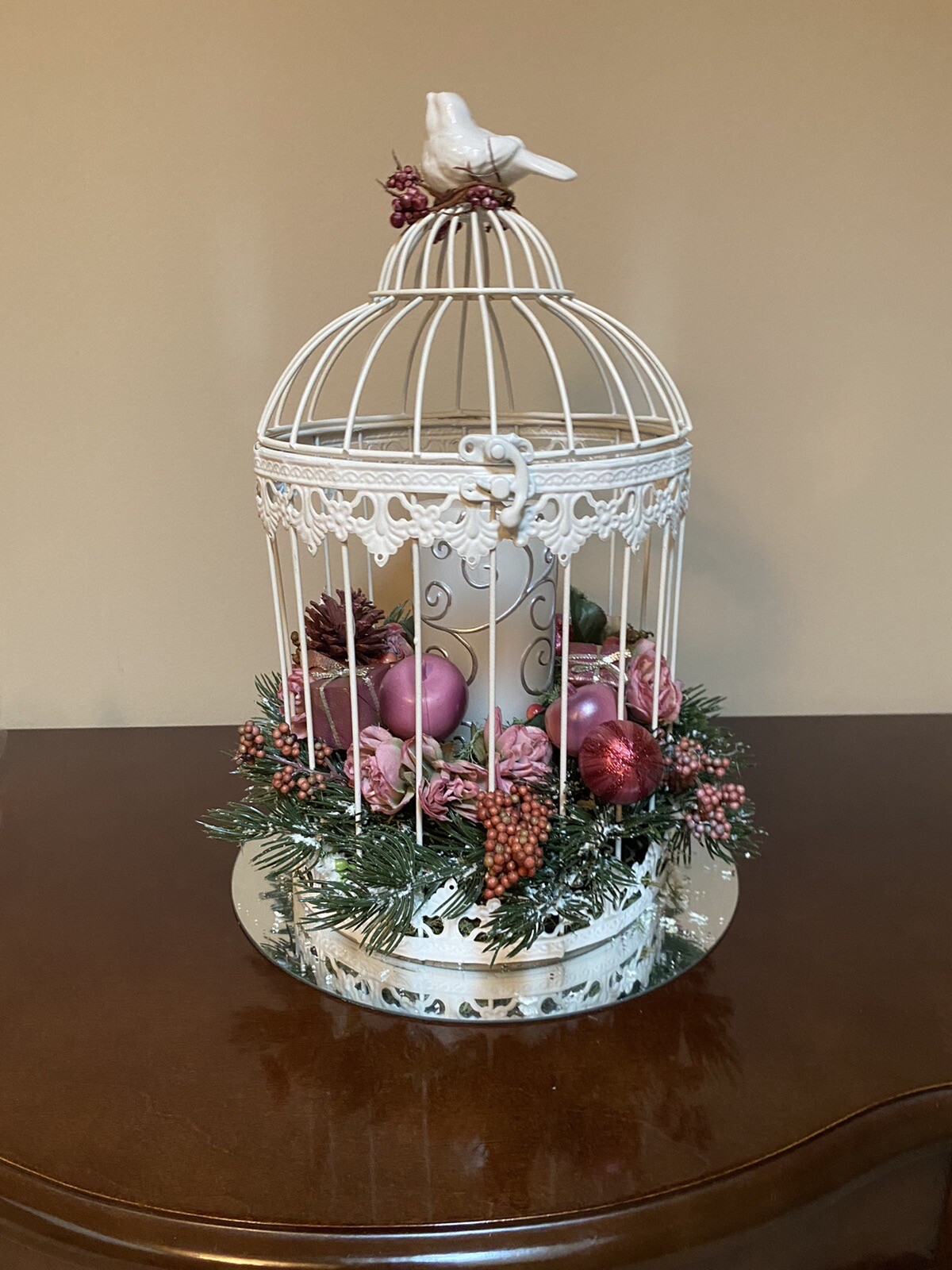 Vintage Christmas Birdcage with Pink Highlights & Pillar Candle