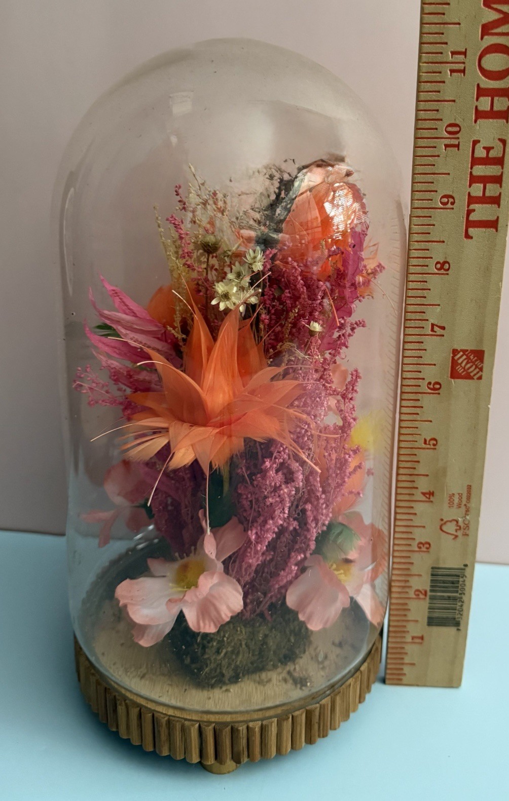 Vintage Plastic & Dried Flowers in Cloche by Allied Enterprises Inc. Bamboo Base