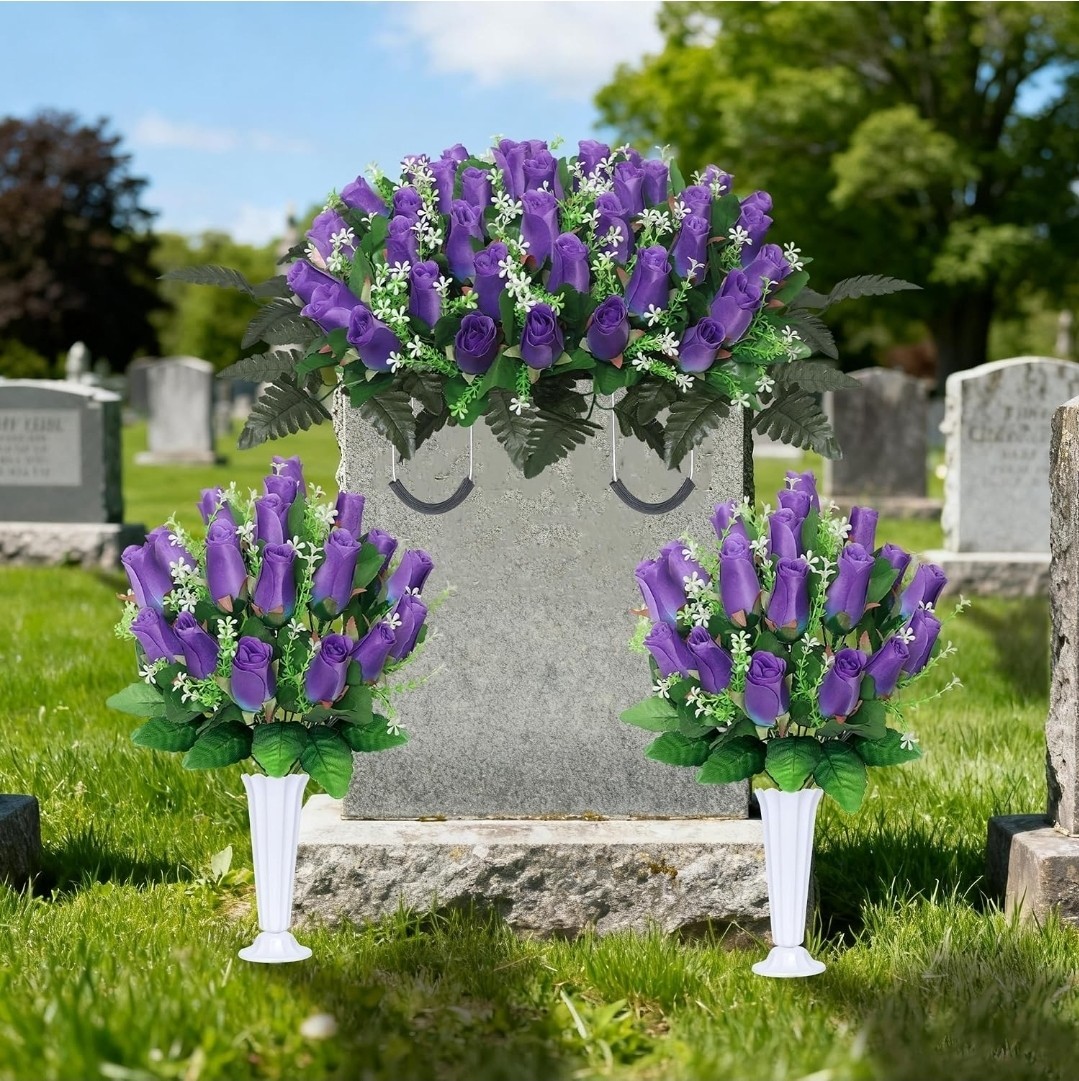 3 Sets Cemetery Flowers for Grave, Headstone Flower Saddle, Purple Rose Memorial