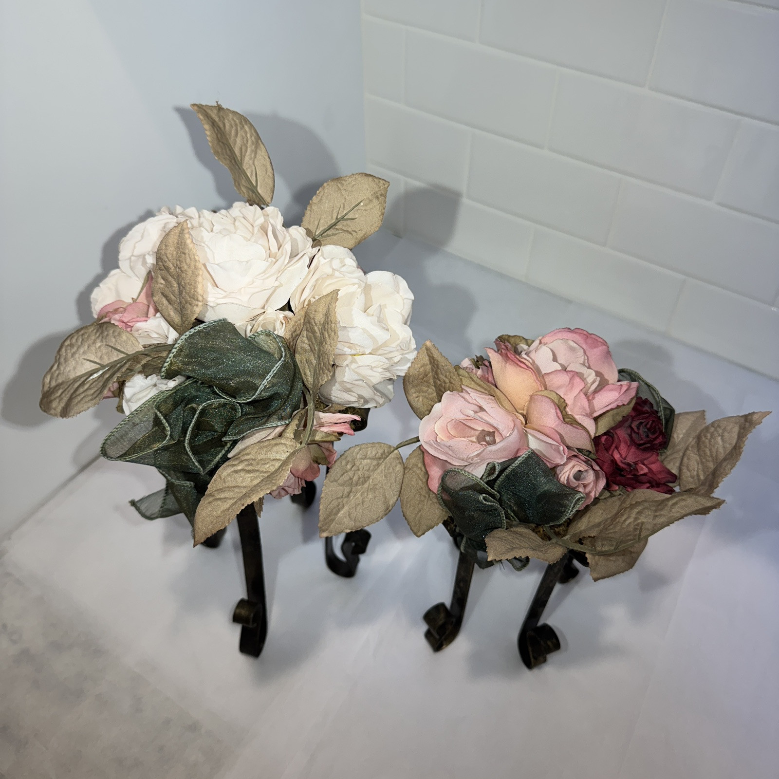 Artificial Pink/Dusty Rose/moss Flower FAUX Bouquet w Iron Legs Green Ribbon