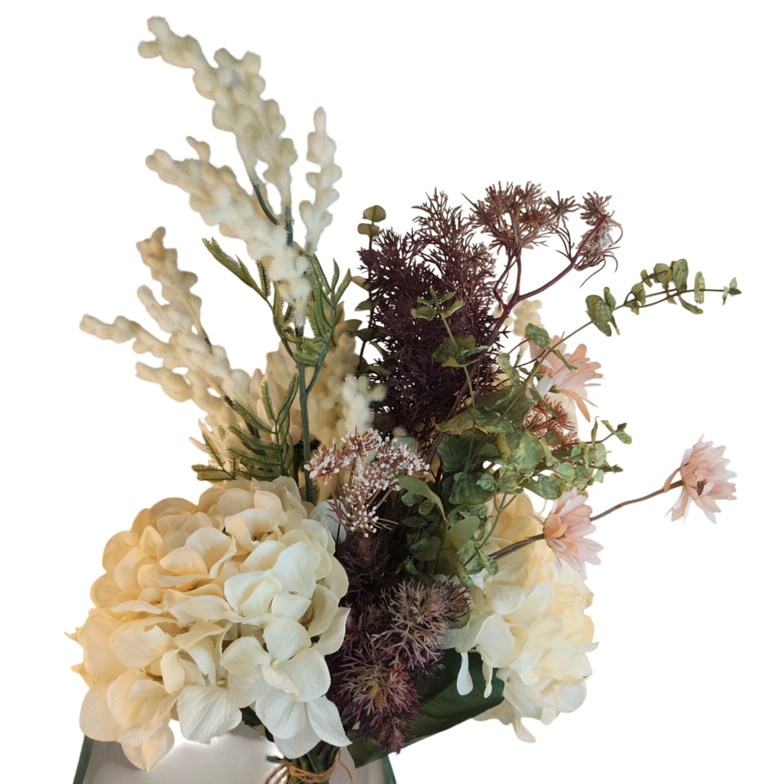 Artificial Floral Arrangement Beige Hydrangea & Cream Mum Bouquet Hand Tied