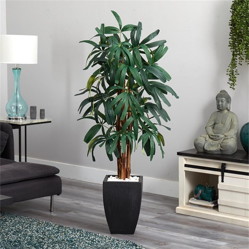 Pemberly Row 66″ Raphis Palm Artificial Tree in Black Planter in Green/Black