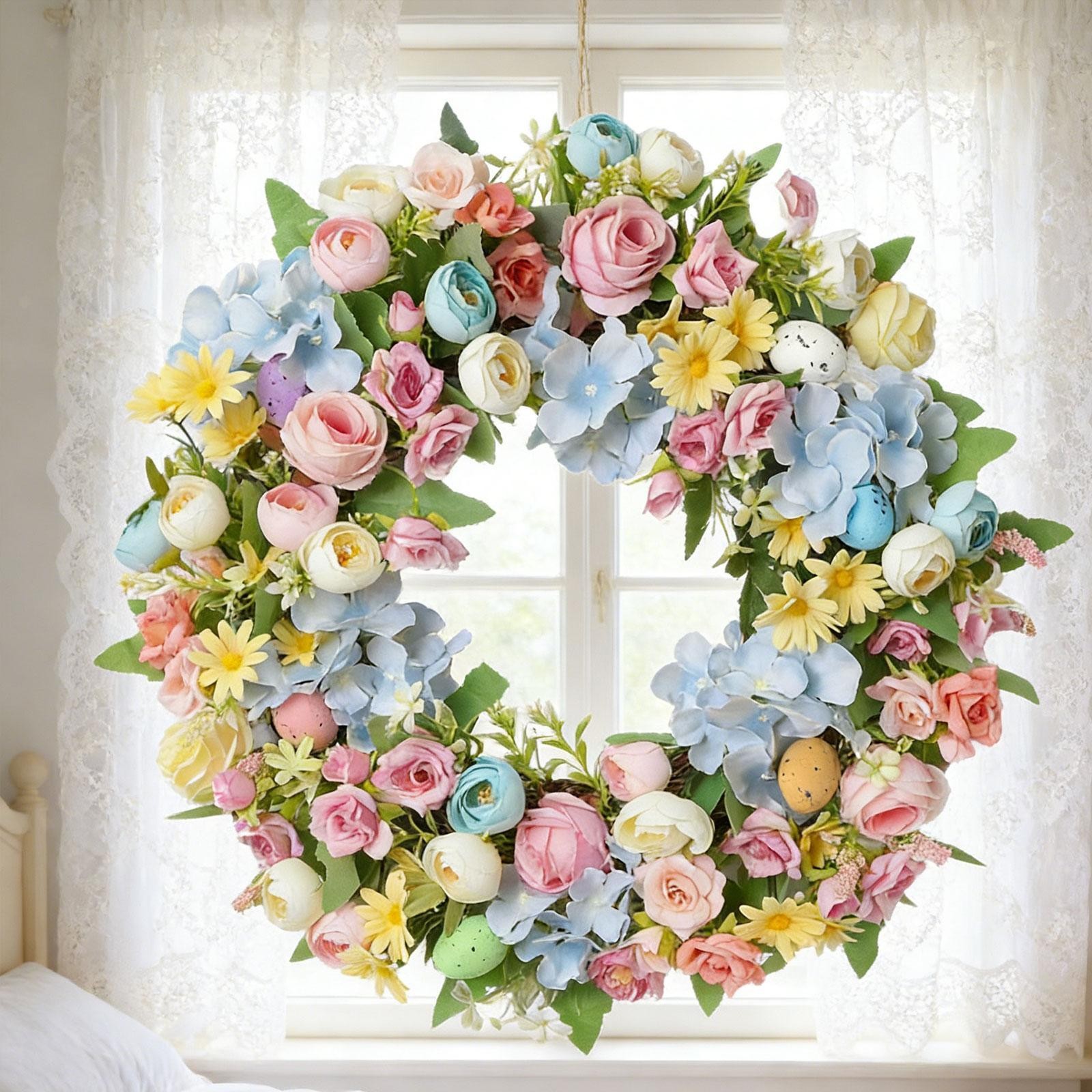 Spring Colorful Wreath Artificial Rose Wreath 18inch Garland for Housewarming