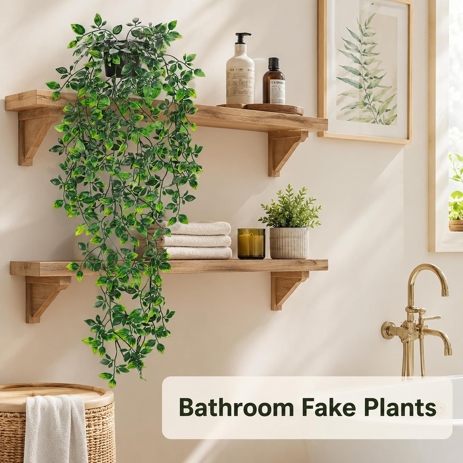 34” Fake Hanging Plant Black Pot for Bathroom Wall Decor | 34” cascading gr…