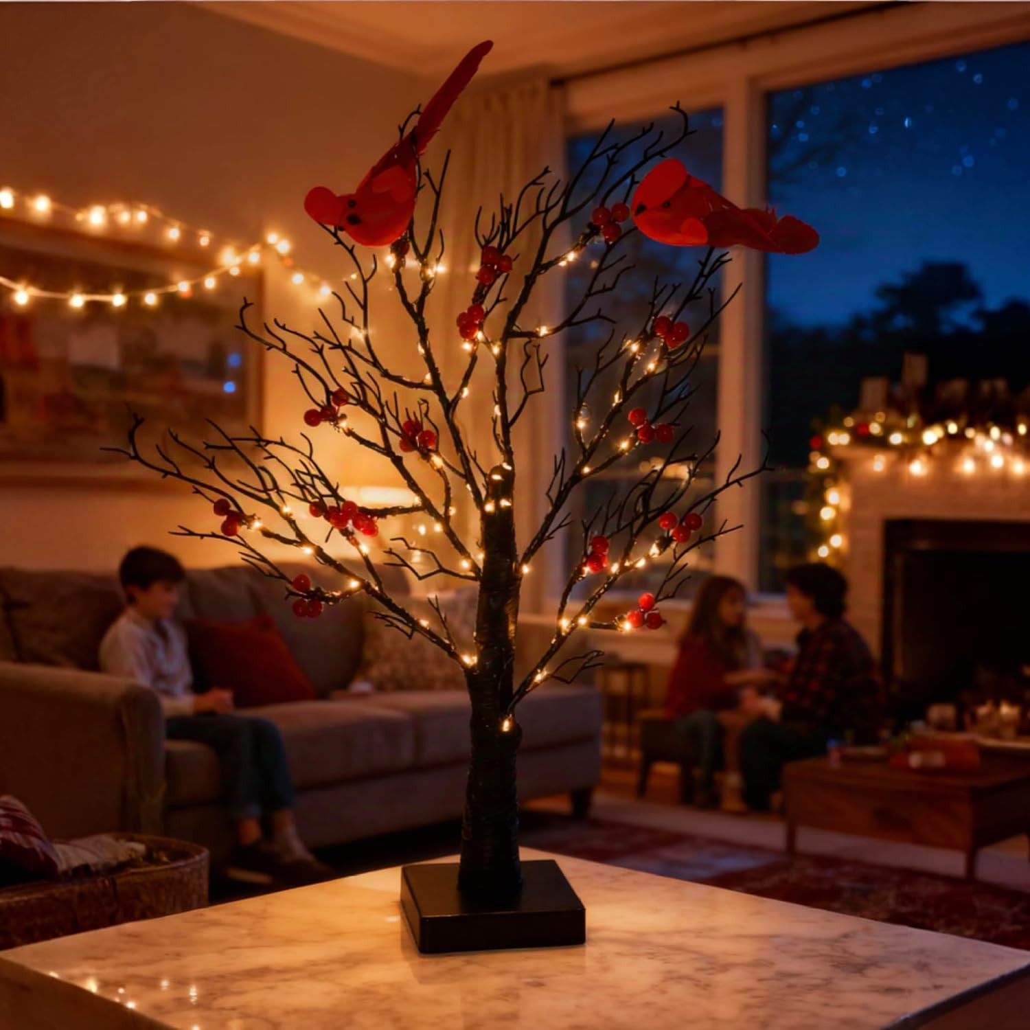 Set of 2 Vintage Glowing Trees with Cardinals, Dual Power Usb/Battery Operate…