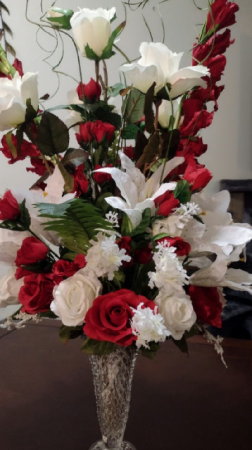 “Red Carpet” 28″ Red & White Silk Flower Arrangement in Crystal Vase