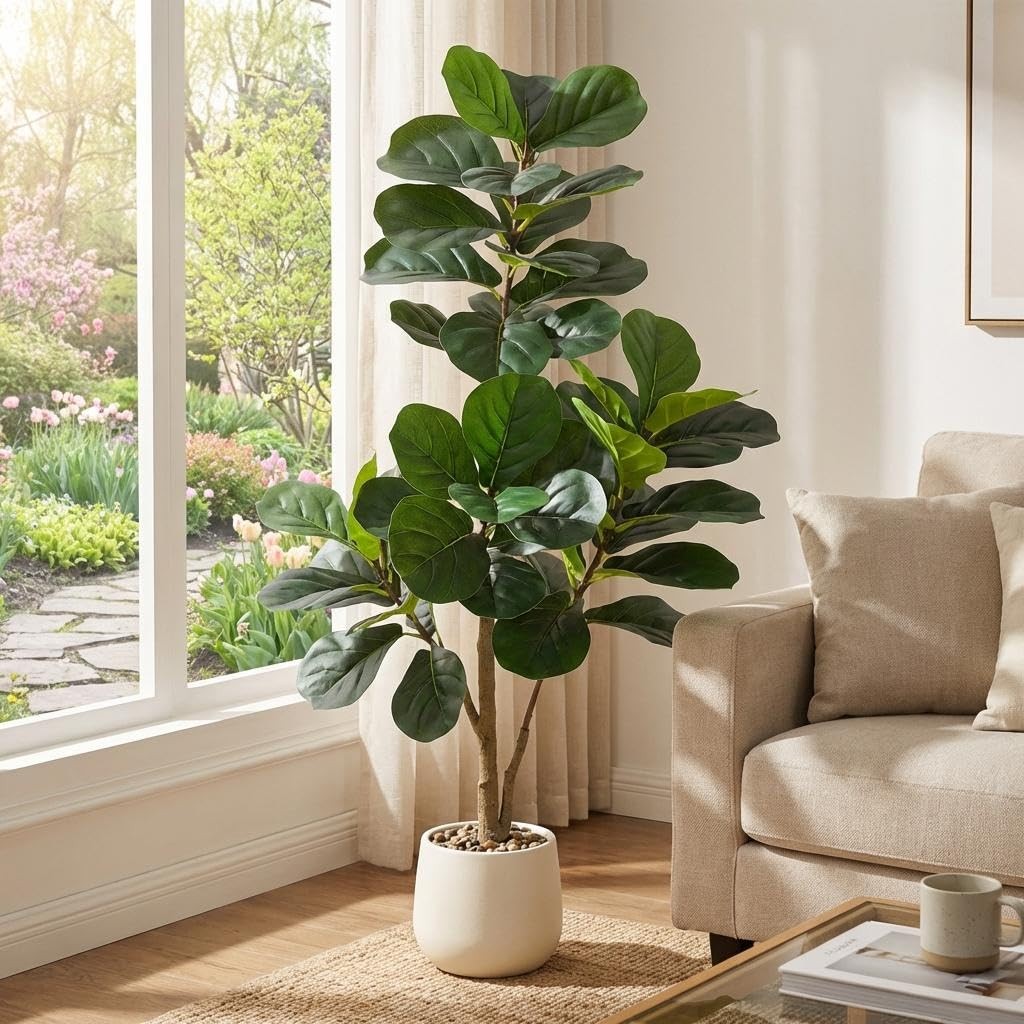Artificial Ficus Lyrata Faux Fig Tree with Weighted Base Planter for Home Office