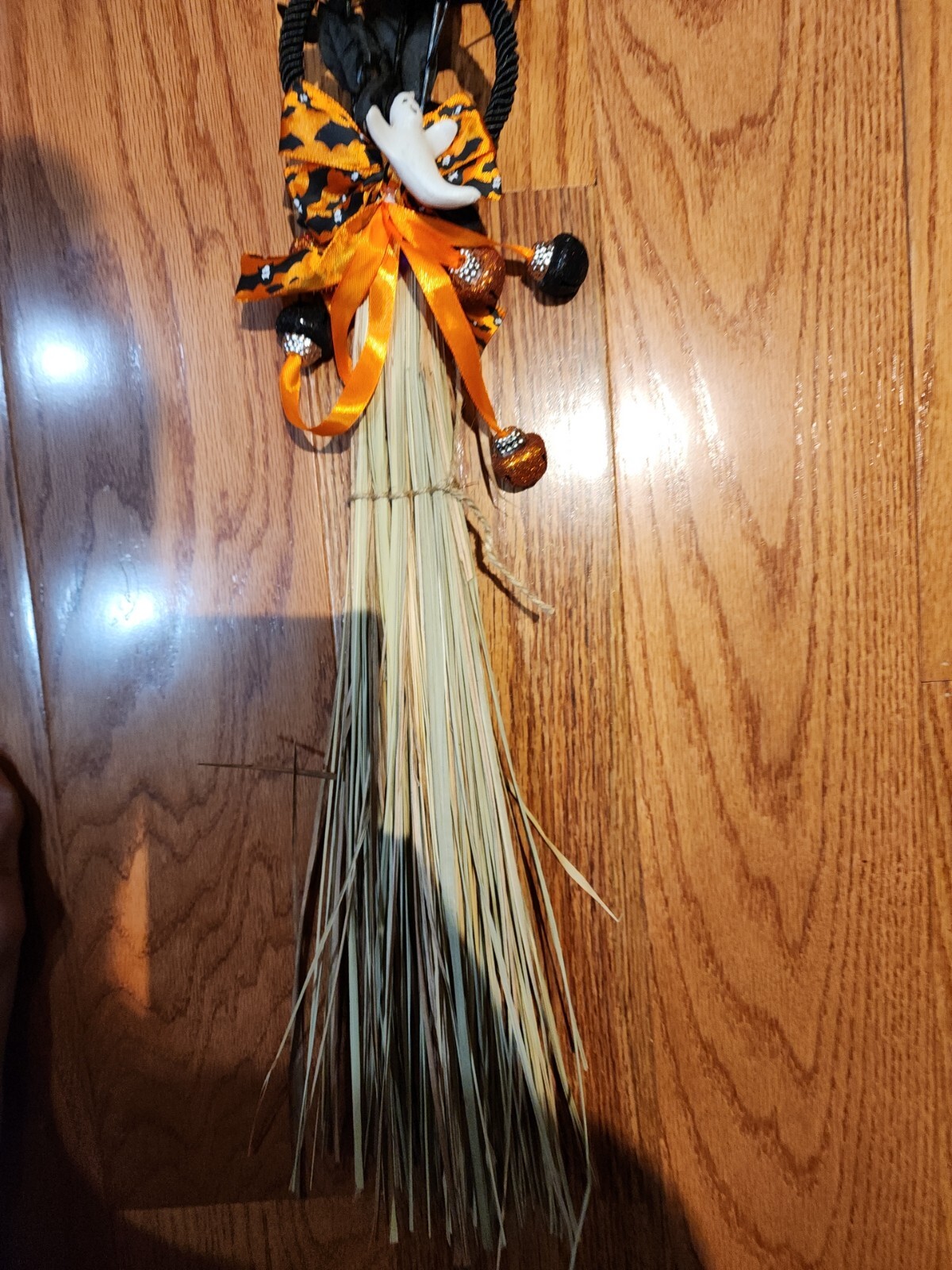 Halloween Decor Witches Broom Black Flowers Ghost Bats 42″ Long Rustic