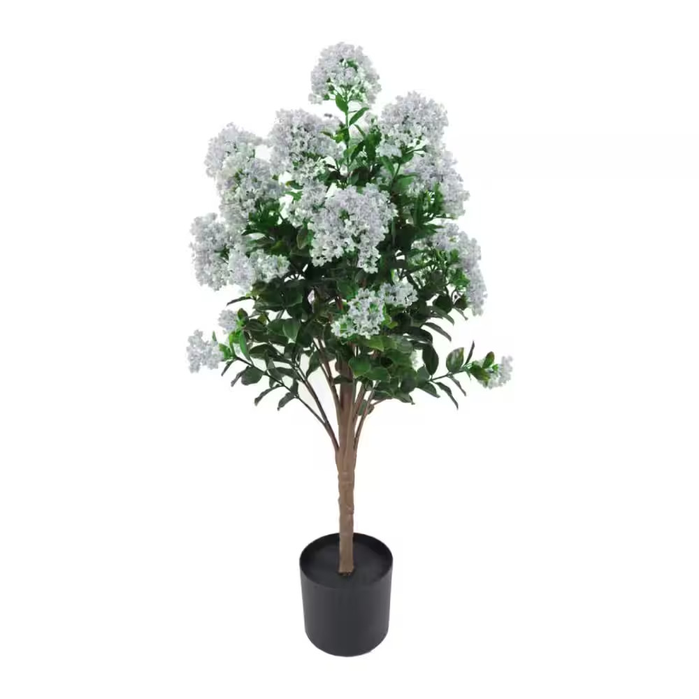 47 In. UV Resistant Green Artificial Lilac White Plant Tree in Black Pot