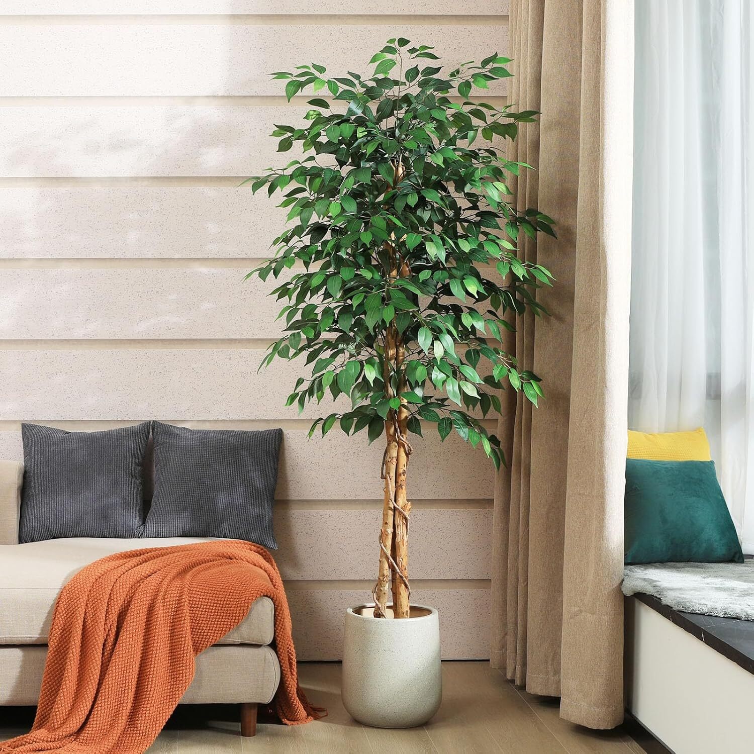 Colourtree Artificial Ficus Tree,Silk Fake Ficus Tree in Plastic Nursery Pot
