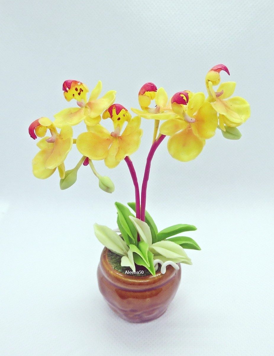 US Stock 4″H Handmade Air-Dry-Clay-Crafted Phalaenopsis Orchid Arranged in Pot