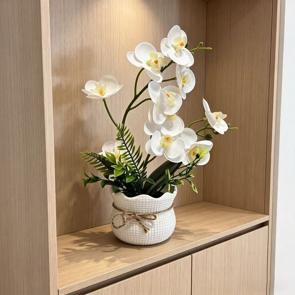 Plastic and Soft Rubber White Orchid Flower for Home Decor in Grid Pot