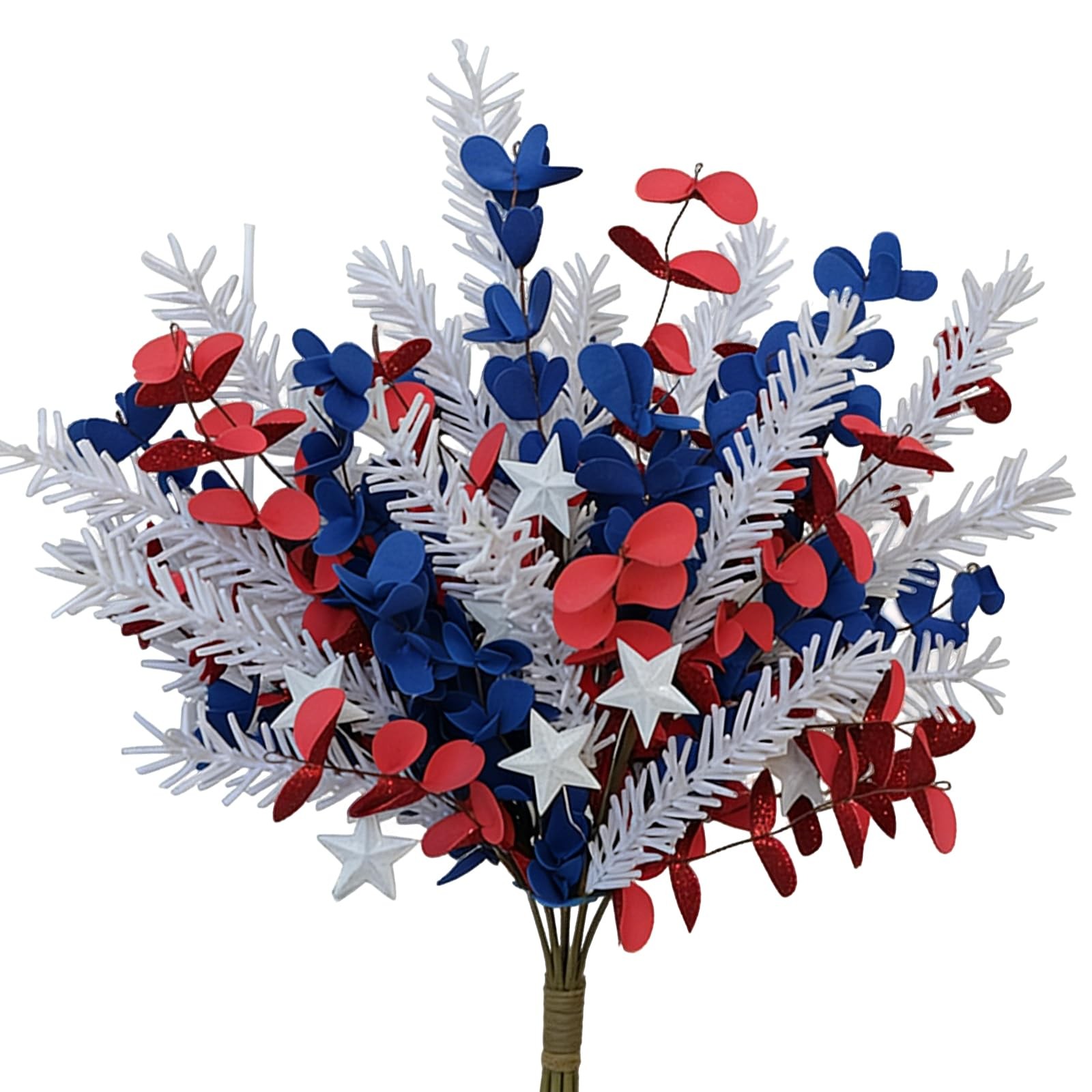 6 Pcs Patriotic Decor Stems with Red Blue PE Flowers, White PE Tassels & 2 St…