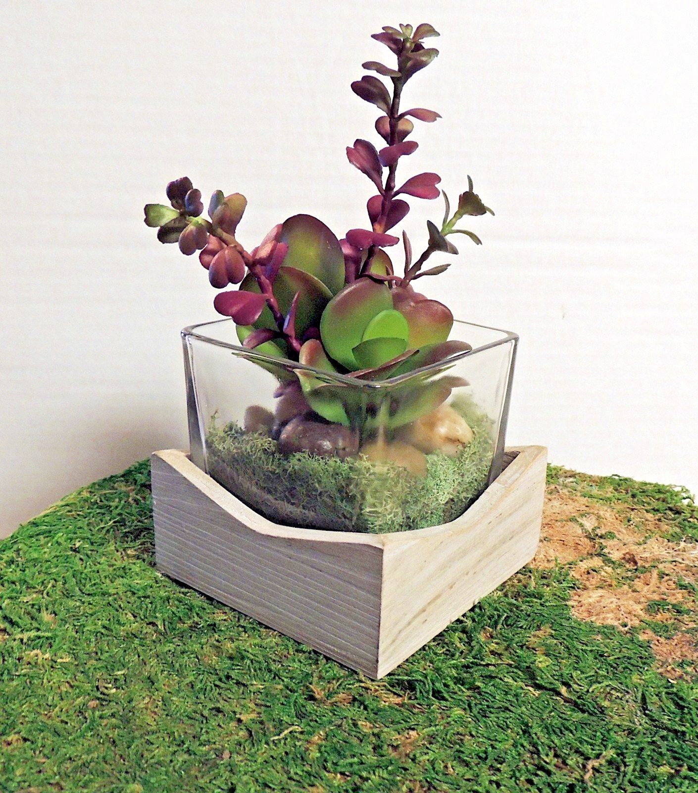 PRETTY FAUX SUCCULENT FLORALS in GLASS & WOOD CONTAINER NEW HANDMADE DECOR