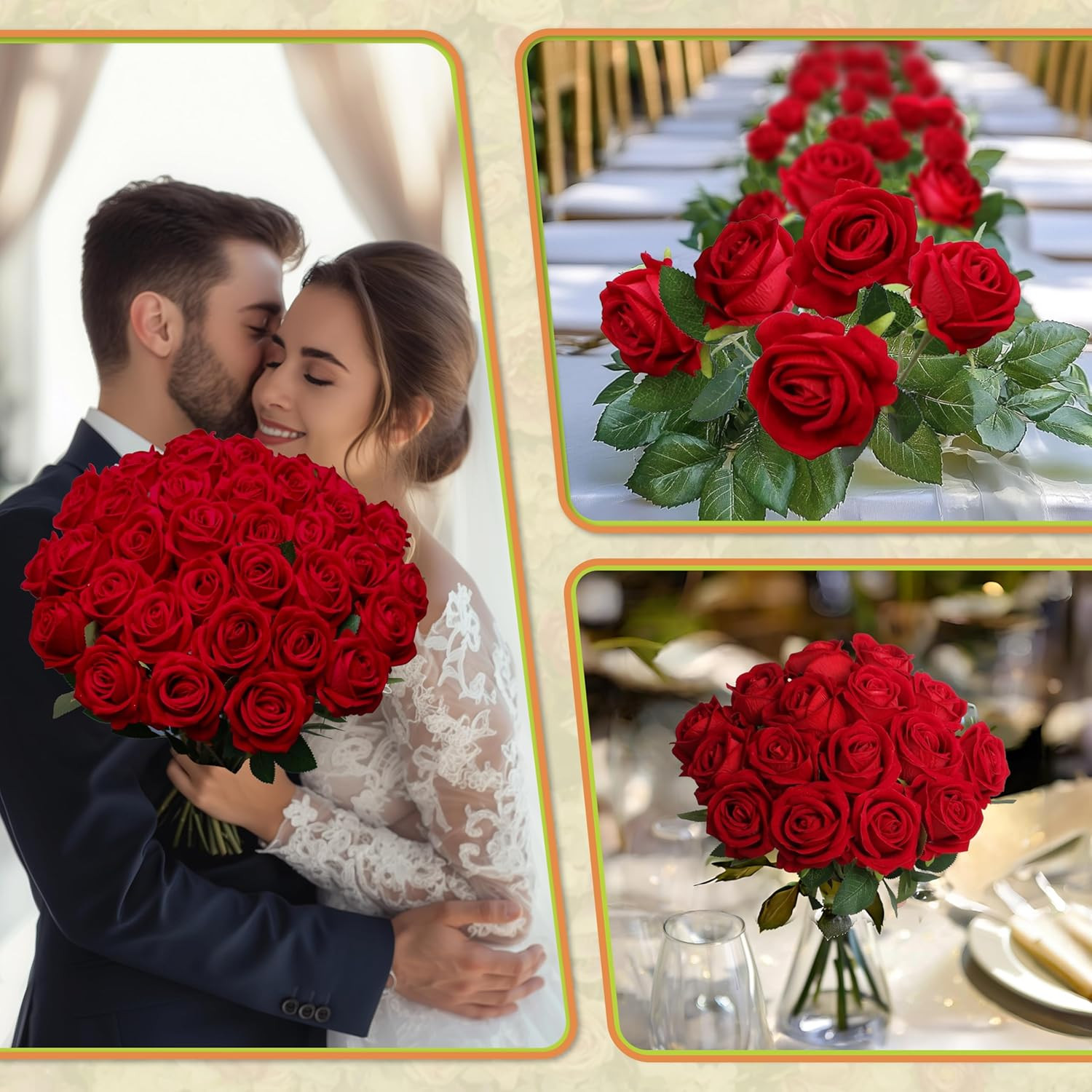 50 PCS Artificial Red Roses – Realistic Silk Flowers for Weddings & Home Decor