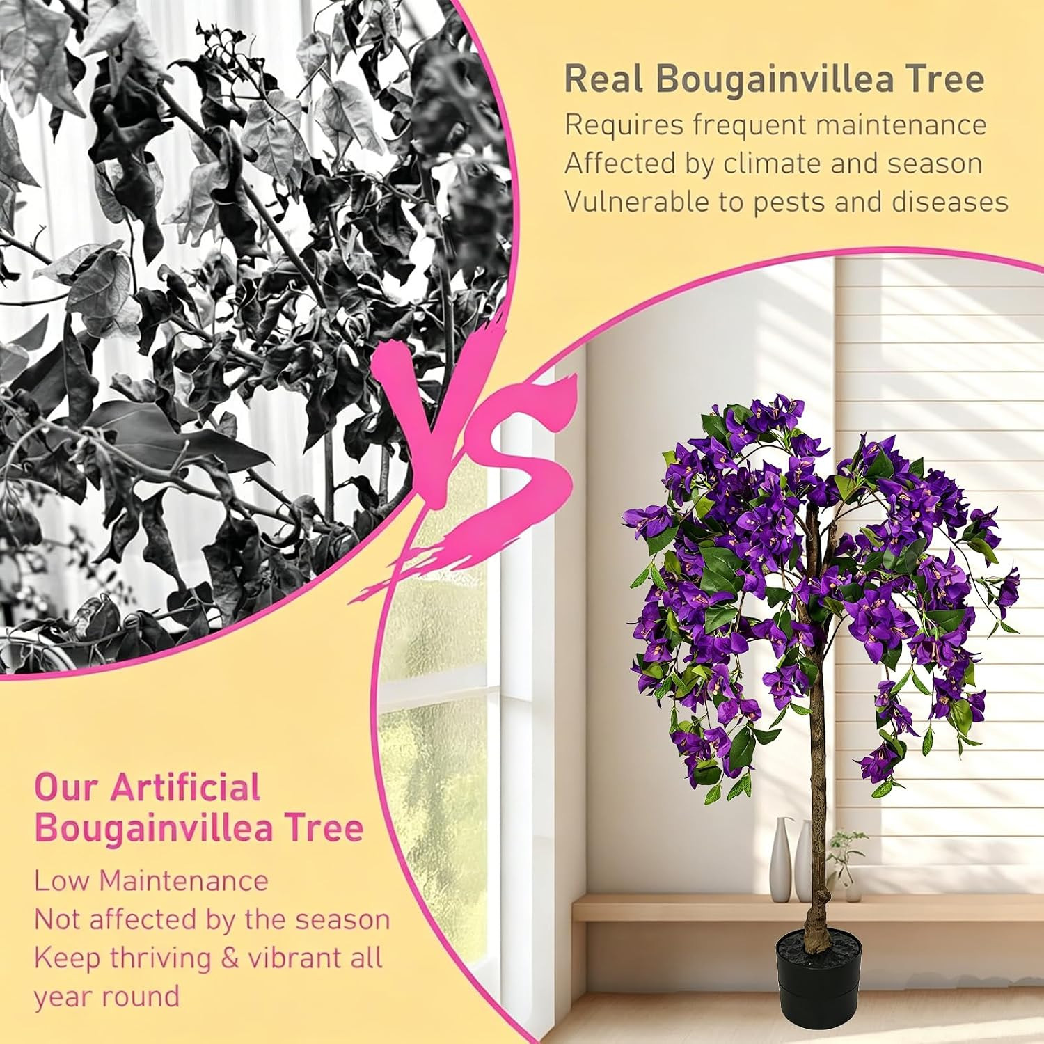 3.7FT Faux Bougainvillea Tree – UV Resistant Potted Floral Decor for Home & Offi