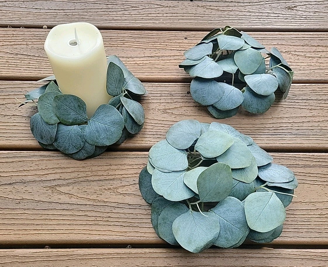 Lot Of 3 Candle Wreaths Artifical Eucalyptus Leaves Green 3″ Base 8″ Width Set