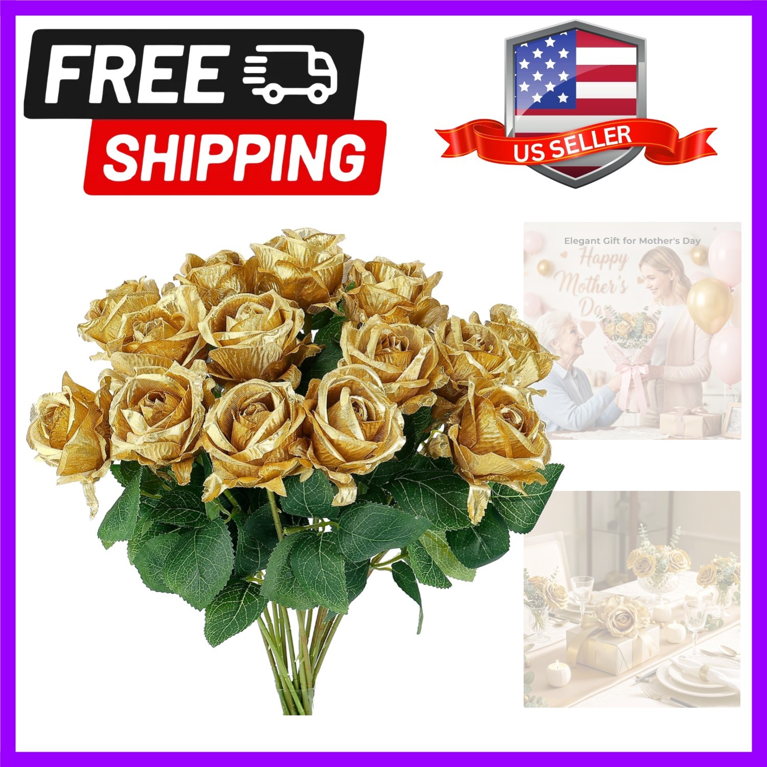 14PCS Gold Artificial Roses, Silk Rose Bouquet with Long Stems for Father’s D…