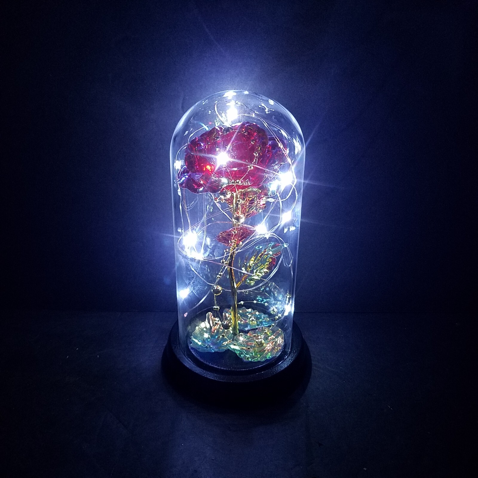 Faux Iridescent Rose Glass Display Dome Lighted RGB White Home Decor 8.5″ Tall