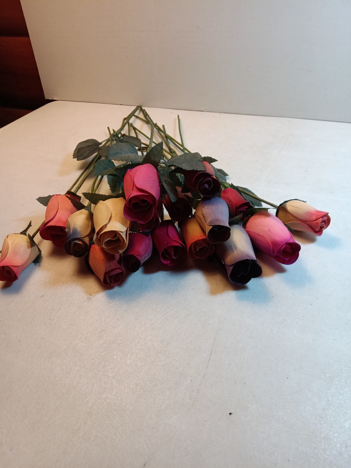 Bundle Of 17 Shaved Wood Rose Buds on stems, Assorted Colors