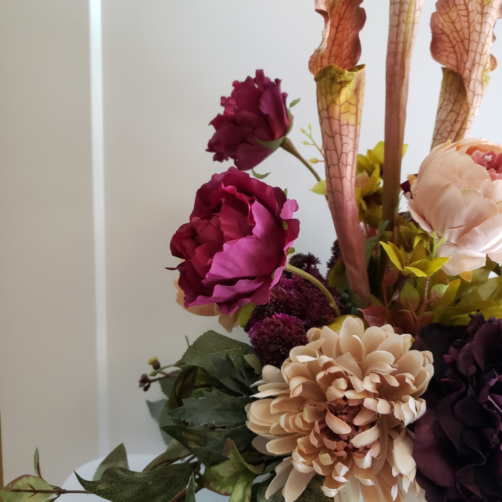 Handmade Silk Flower Centerpiece, Deep Purple Hydrangea, Blush Rose & Mum