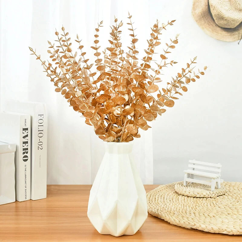 10Pcs Gold Eucalyptus Leaves Branch Artificial Plants Christmas New Year Deco
