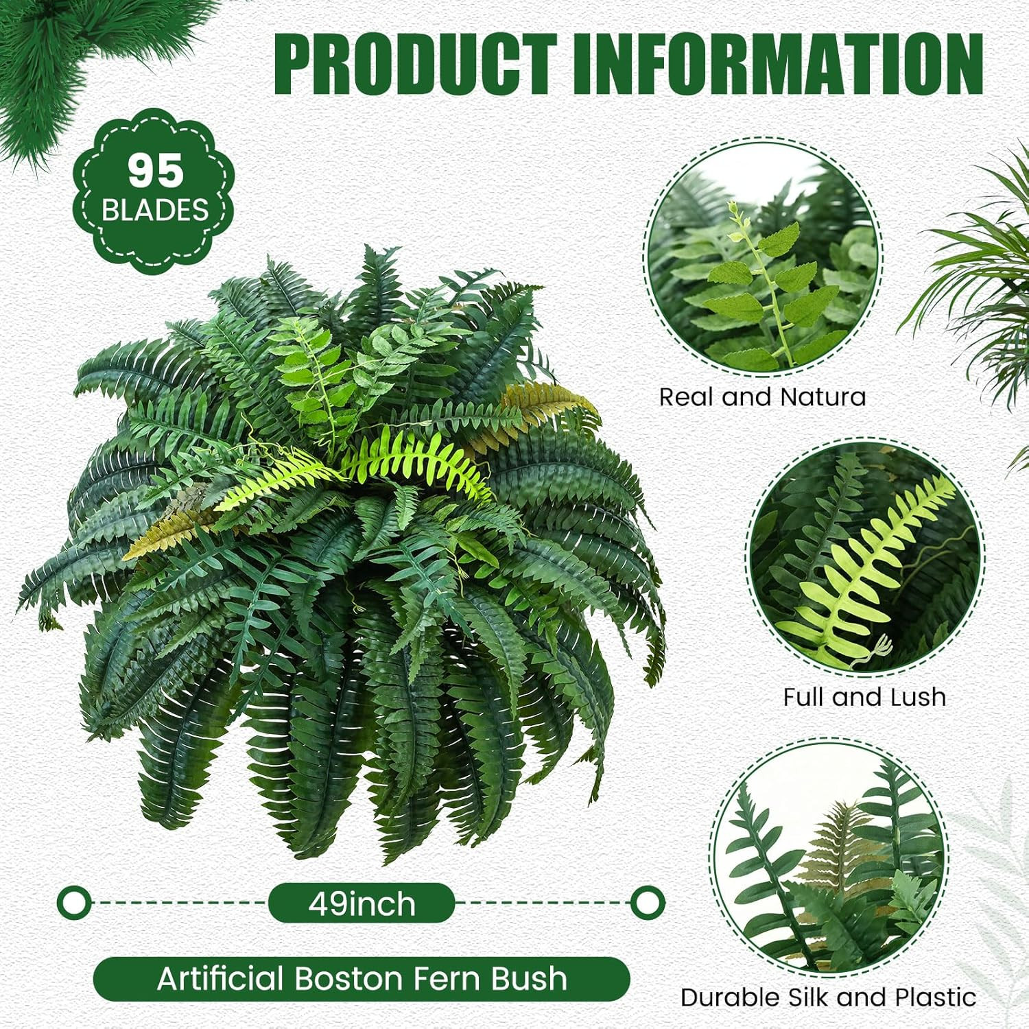 2 Pack 49” UV Resistant Artificial Boston Ferns for Indoor/Outdoor Decor