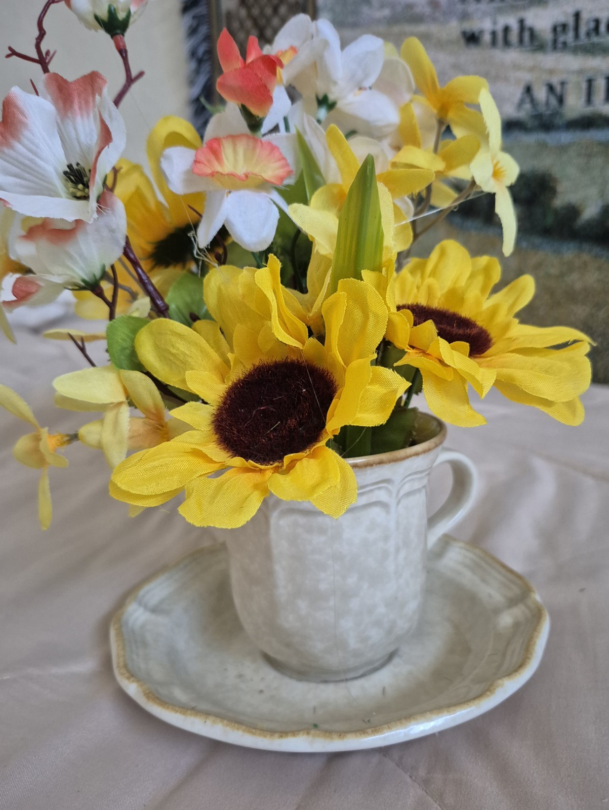 Artificial Sunflower Floral Arrangement in Ceramic Cup and Saucer Yellow
