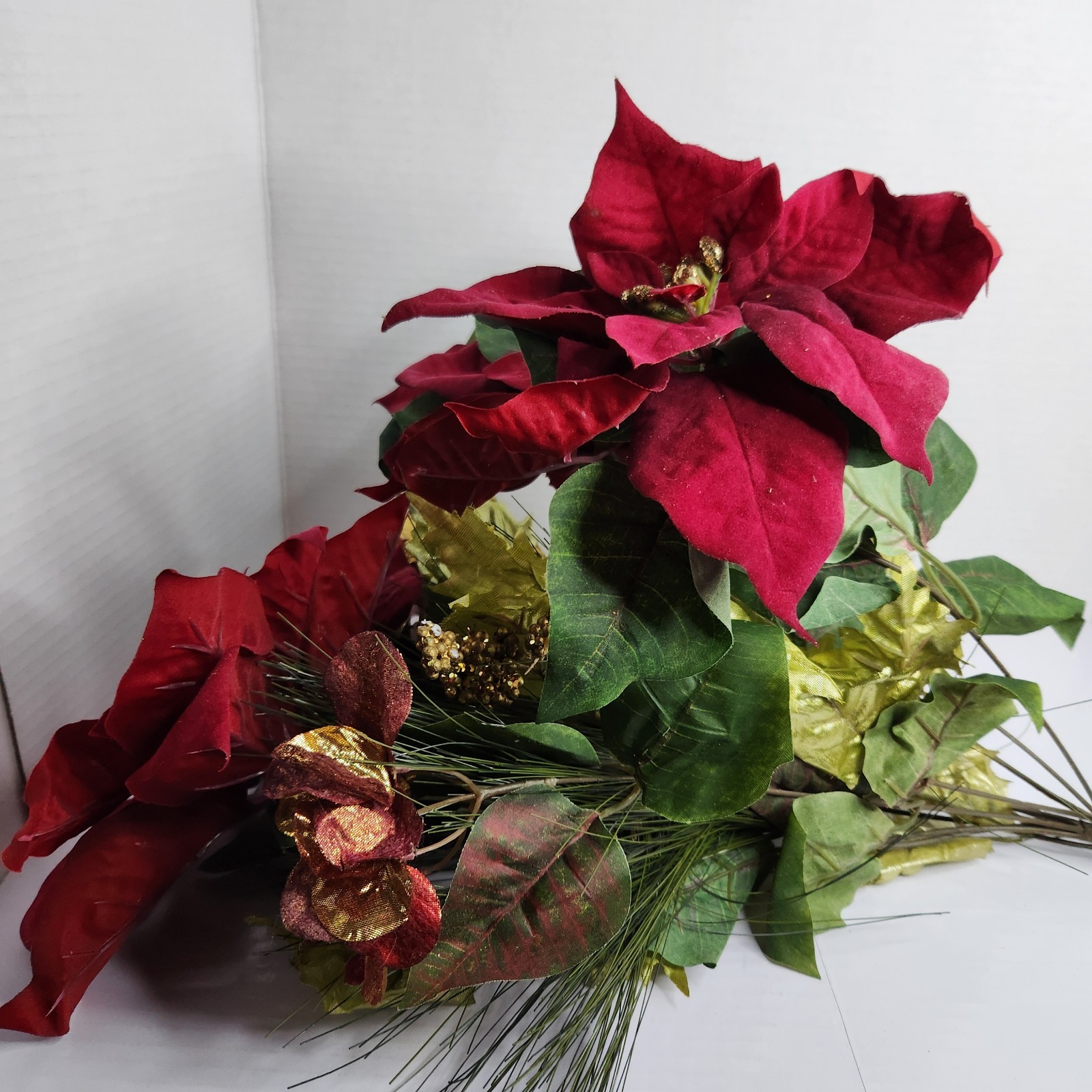 Artificial Poinsettia Flower Lot Red Christmas Holiday Floral Decor Mixed Stems