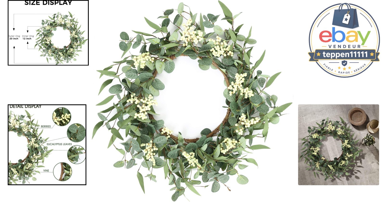 20” Eucalyptus Wreath Green Decor Indoor Outdoor Spring Summer Fall