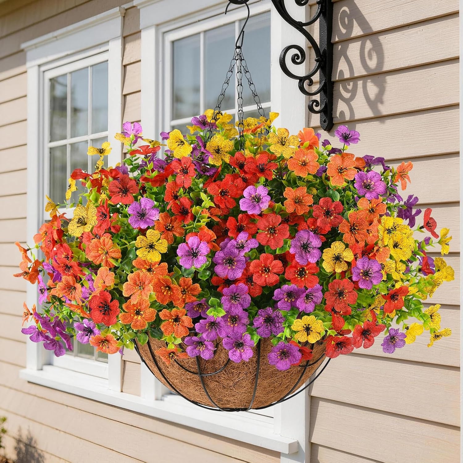 Artificial Fake Hanging Baskets Fall Flowers Outdoors Decoration Faux Silk Mums
