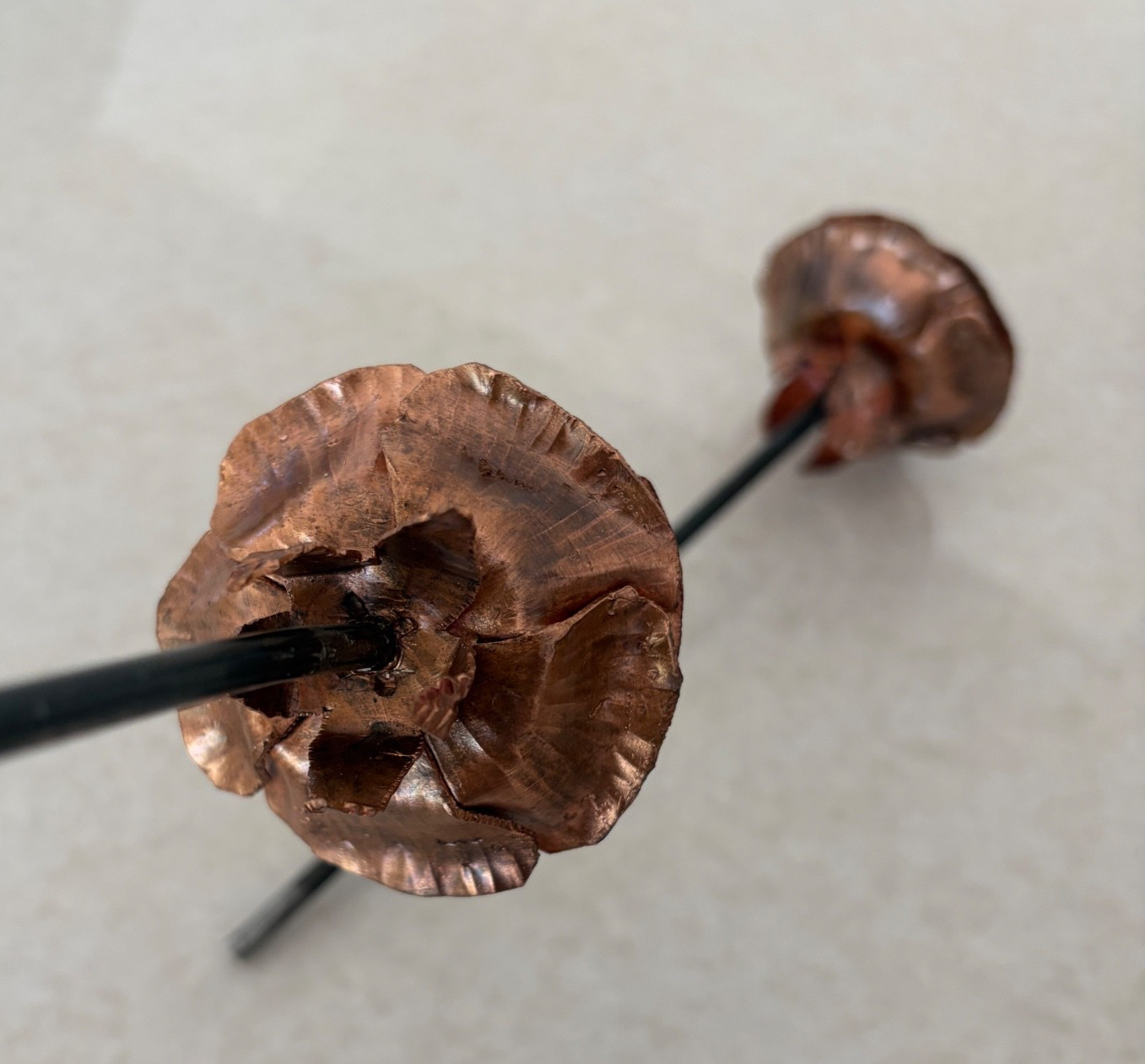 Copper-Tone Metal Rose Sculpture Pair 7” 9” Handcrafted Floral Decor