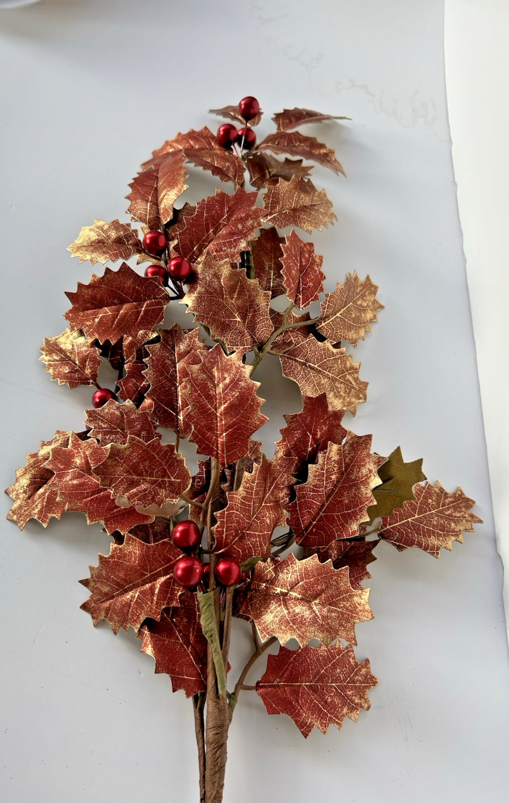 Copper Red Holly Spray 25″L Metallic Leaves Berries Stem Artificial Christmas