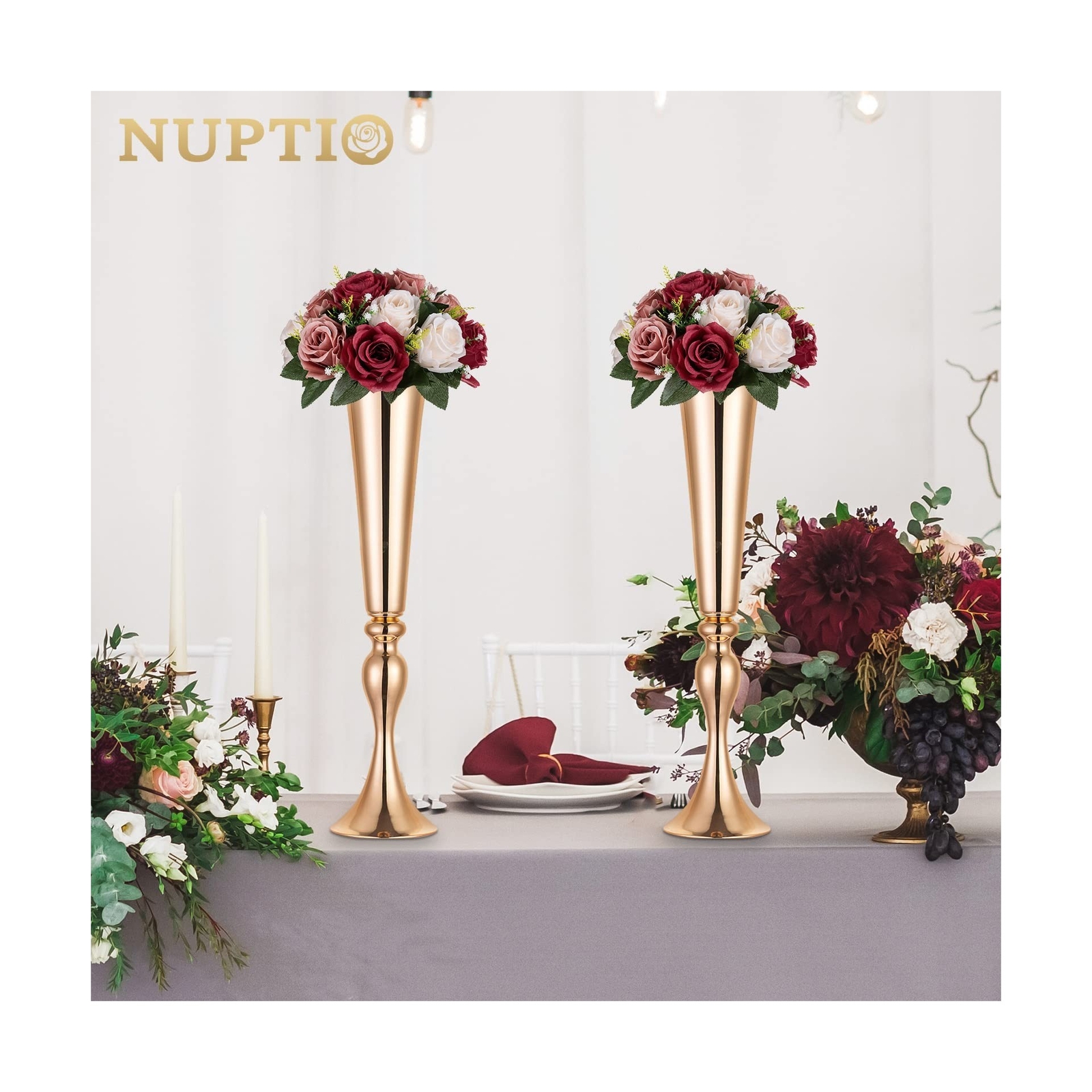 Nuptio Artificial Flower Centrepieces for Tables – 6 Pcs Burgundy & Dusty Ros…