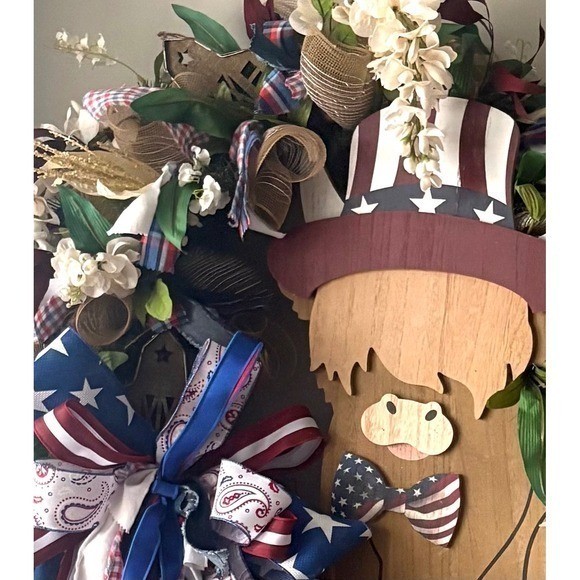Grand Patriotic Highland Cow Wreath Patriotic Americana Decor