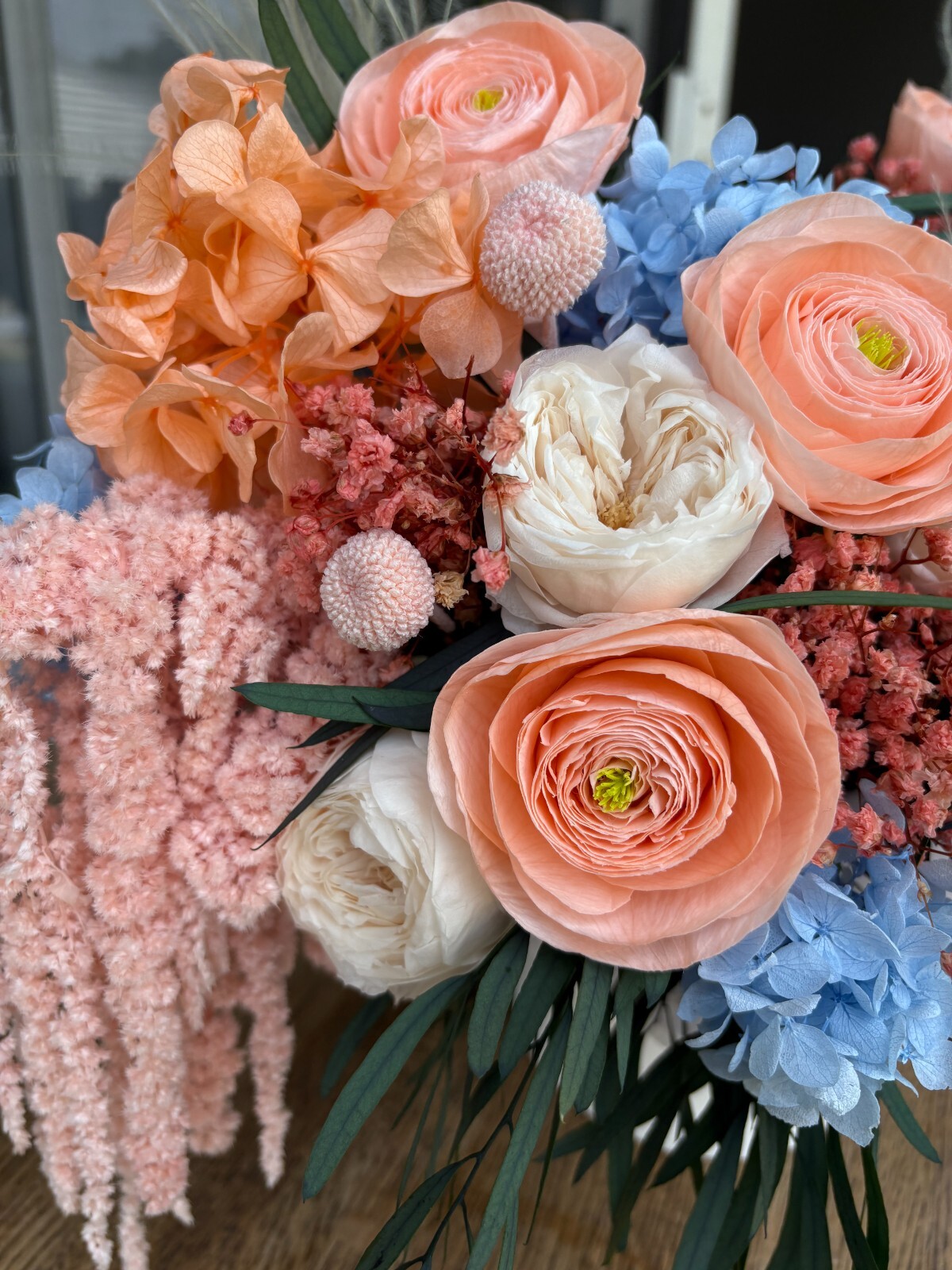 Preserved Flower Arrangement, Peach Blue Boho Centerpiece, Long Lasting Bouquet