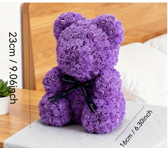 Purple Rose Teddy Bear Made of Artificial Flower Romantic Gift for Valentine day