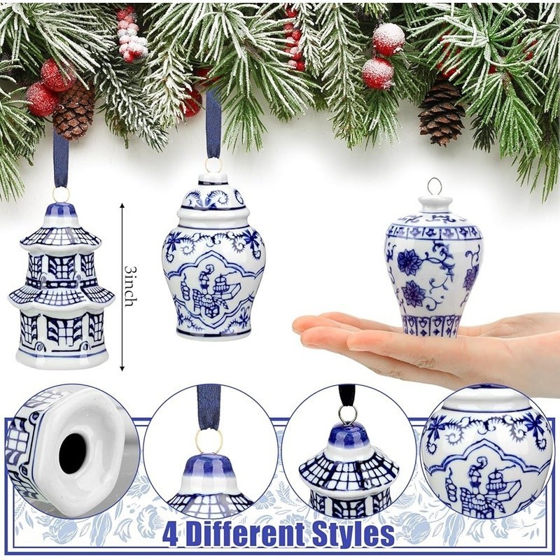 12pcs Blue White Porcelain Ginger Jars Christmas Ornaments Home Decor Collection