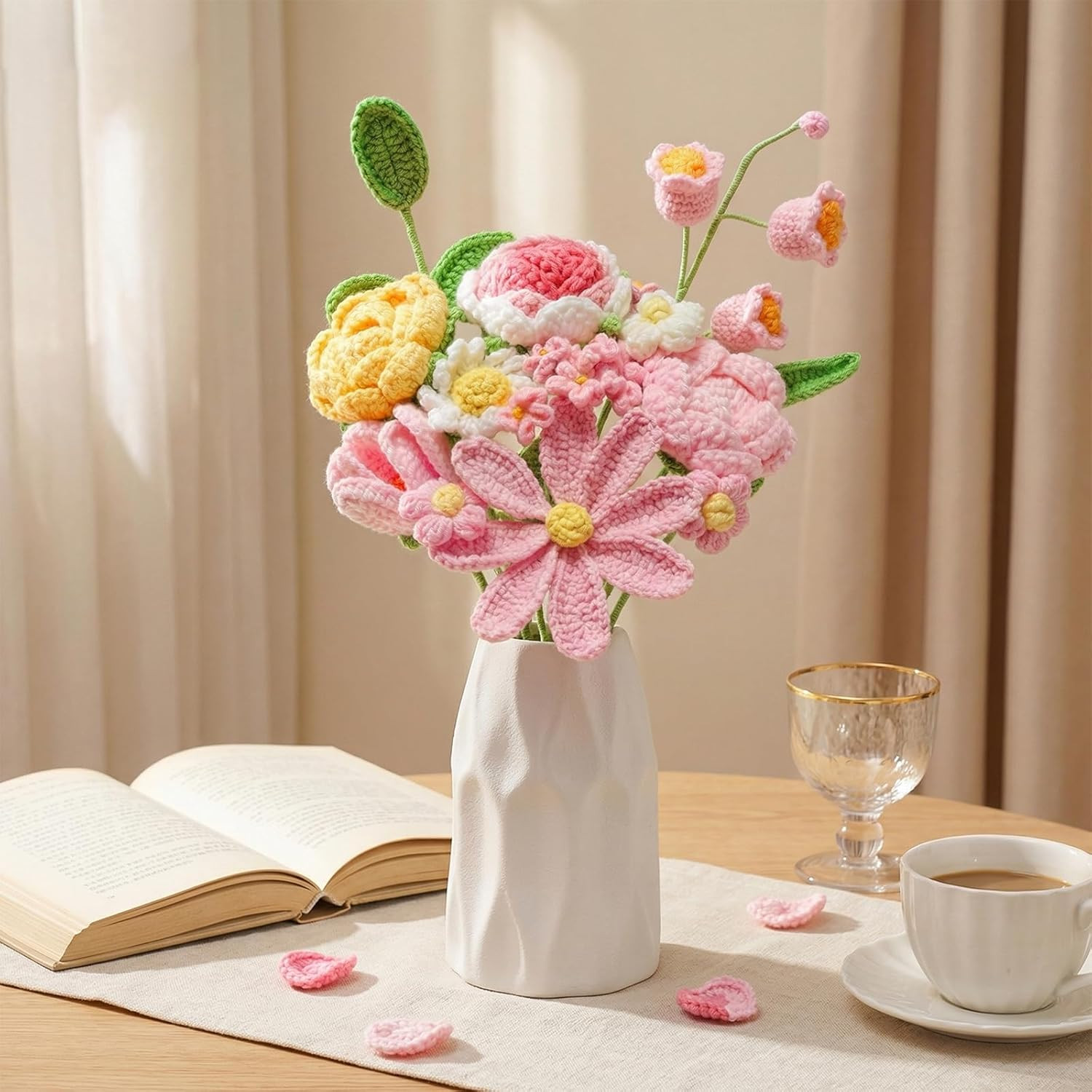 Crochet Flower Bouquet Pink, Handmade Knitted Floral, Crochet Tulips Galsang Flo