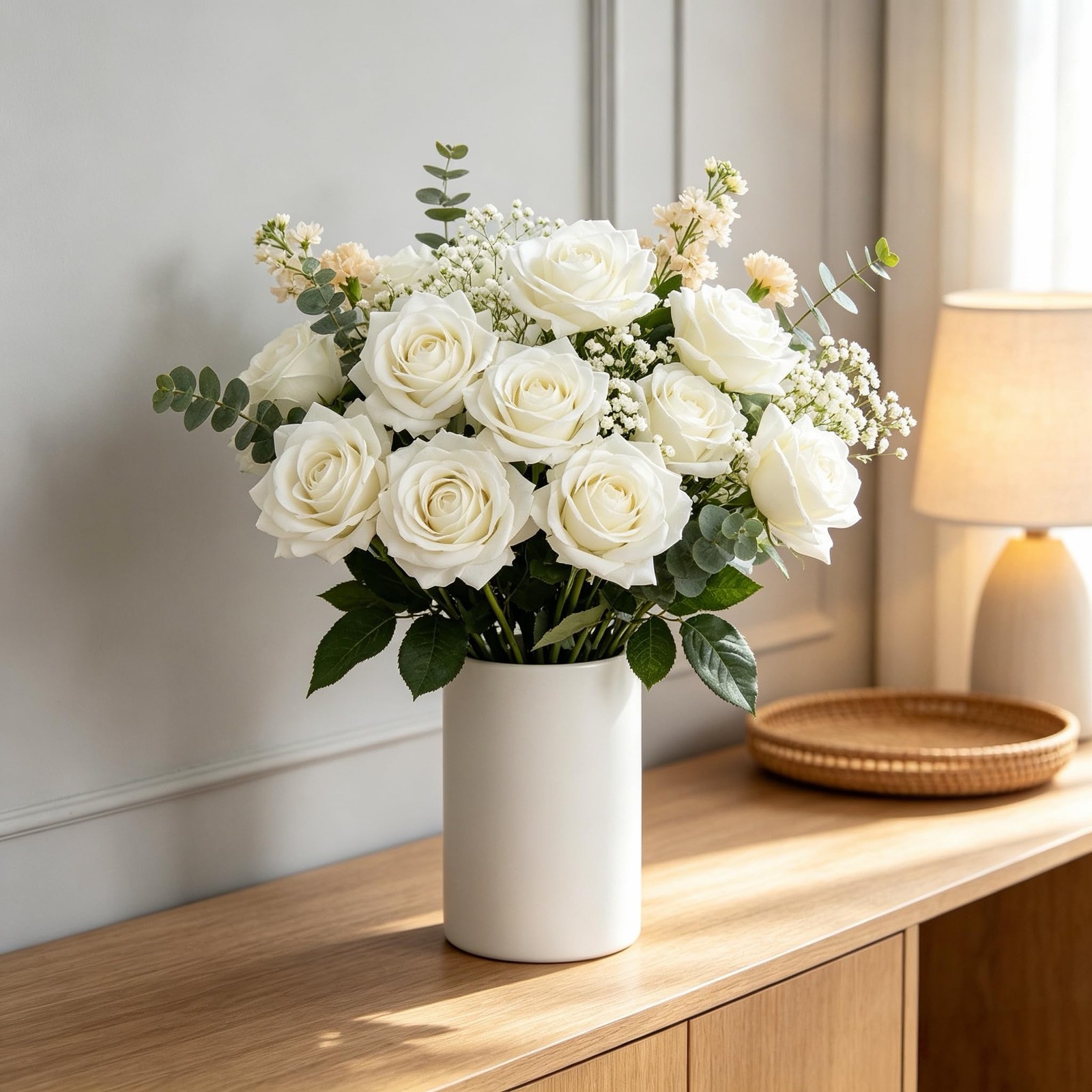 12 pcs Lifelike White Roses Artificial Flowers Real Touch Rose Long Stem Fake…